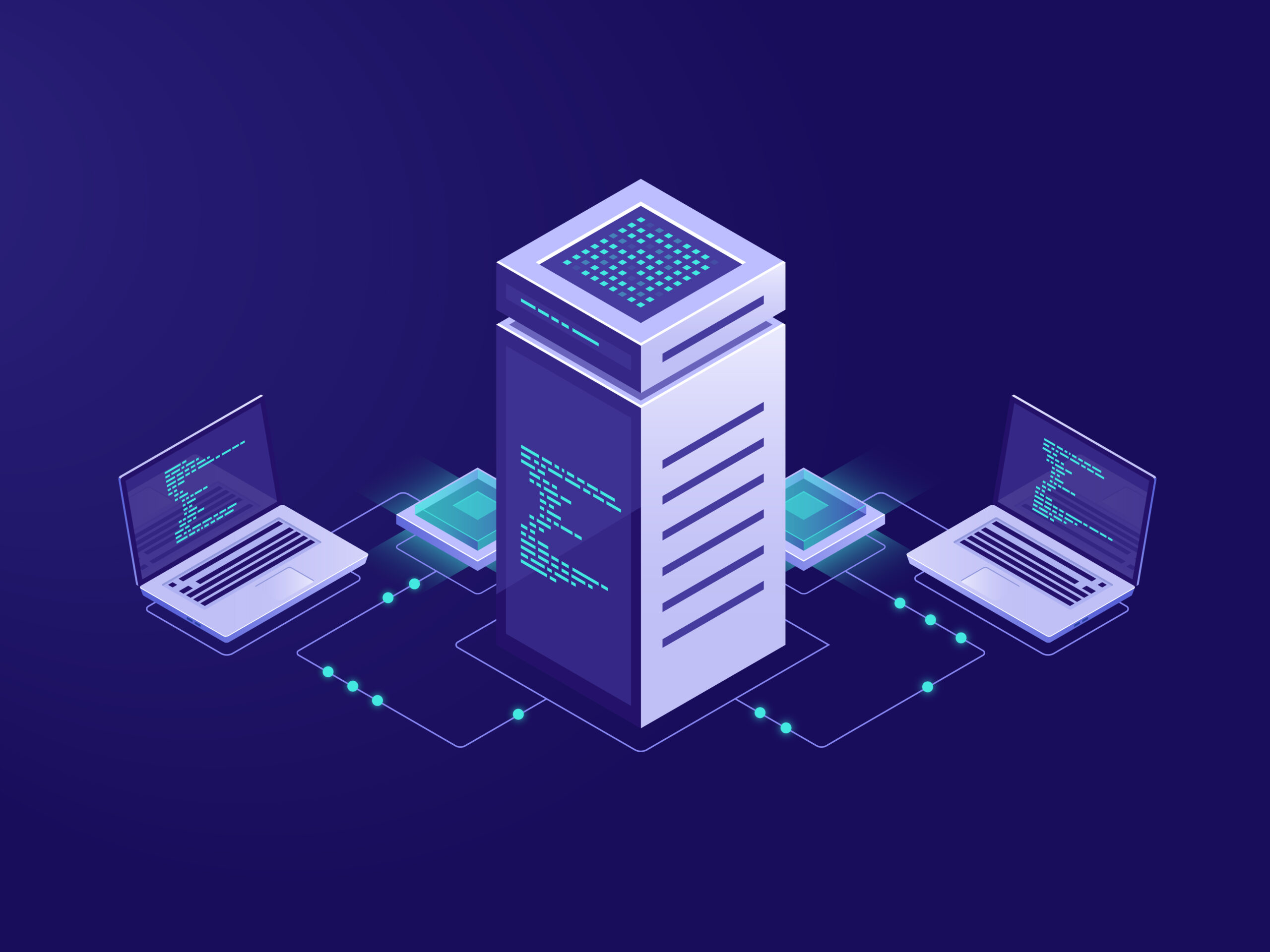 Big data processing concept, server room, blockchain technology token access, data center and database, network connection isometric illustration vector neon dark