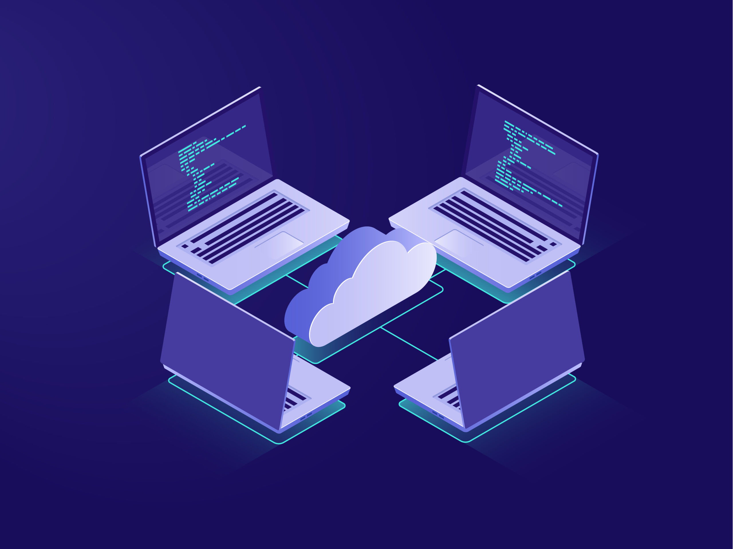 Networking with four laptops, internet connection, cloud data storage, server room, backup files, database remote access isometric illustration vector neon dark